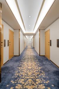 斯德哥尔摩Livington Hotel的一条空洞的酒店走廊,走廊上设有门和地毯