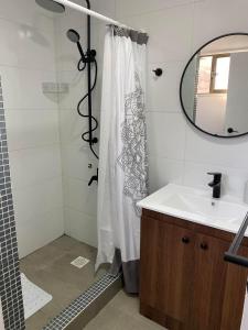 瓜纳切洛斯Casa mediterránea Villamar Guanaqueros的带淋浴、盥洗盆和镜子的浴室