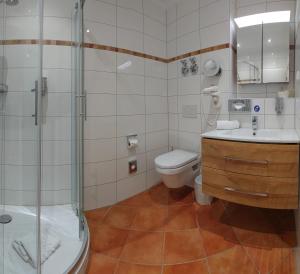 埃朗根加斯特豪斯克拉尔酒店的带淋浴、卫生间和盥洗盆的浴室