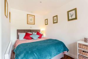 ArdullieThe Garden Flat Ardullie的一间卧室配有一张带红色和蓝色枕头的床