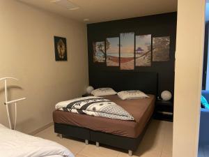 阿纲尔赫姆Vlaamse Ardennen Vakantiehuis Casa Caliente met wellness的一间卧室配有一张壁画床。