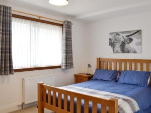 LhanbrydAuldfield的一间卧室配有一张带蓝色床单的床和一扇窗户。