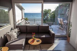 伊泰阿Kalafatis beach home的带沙发的客厅,享有海景