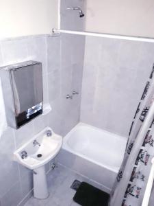 布宜诺斯艾利斯Hotel Central的白色的浴室设有水槽和淋浴。
