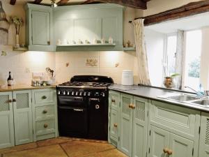 哈沃斯Far View Cottage的厨房配有绿色橱柜、炉灶和水槽。
