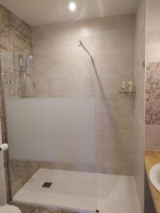 圣莱奥纳尔德诺布拉La Rapiette de Noblat的带淋浴、卫生间和盥洗盆的浴室