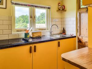 韦尔斯Walnut Lodge的厨房配有黄色橱柜和水槽