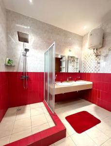 阿克拉The Dzorwulu Castle - A Villa with private rooms的红色的浴室设有淋浴和盥洗盆。