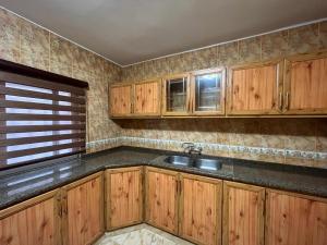 瓦迪穆萨Sultan Home的一个带木制橱柜和水槽的厨房