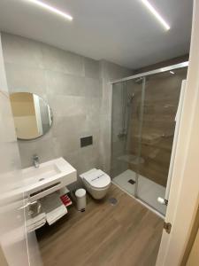马德里马德里埃斯库埃拉酒店的带淋浴、卫生间和盥洗盆的浴室