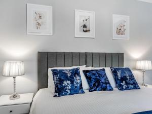 切斯特勒斯特里特North Lodge Cottage的一间卧室配有一张带蓝色枕头的床和两盏灯。