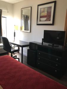 马克姆The Best Inn & Suites的一间卧室配有书桌、电视和床。