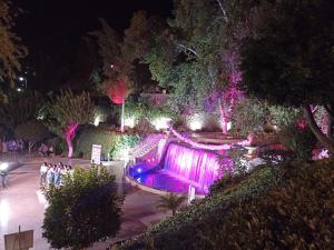 贝尼迈拉勒Appartement Ain Asserdoun的公园里的一个喷泉,晚上有灯