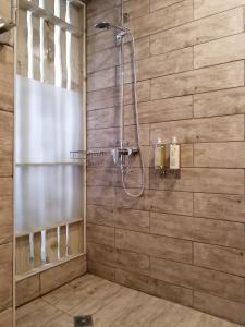 纳塔列斯港Hotel Costanera的带淋浴的浴室和木墙