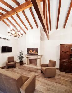 曼瓜尔迪Quinta da Abadia的客厅设有壁炉、沙发和椅子