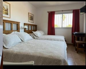 维拉卡洛斯帕兹Posada de Los Lirios的酒店客房设有两张床和窗户。