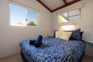 MyolaTasman Holiday Parks - Myola的一间卧室配有一张蓝色棉被和两个窗户。