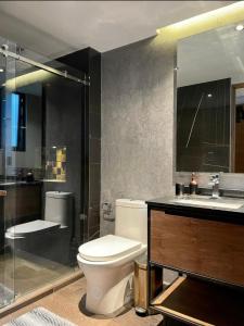 墨西哥城BUSINESS SUITES MINE的浴室配有卫生间、淋浴和盥洗盆。