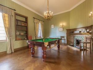 Hockwold cum WiltonHockwold Hall的客厅设有台球桌和壁炉。