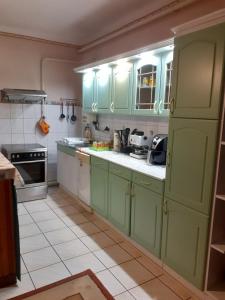 奥巴曹洛克Karkusz Apartman的厨房配有绿色橱柜和白色瓷砖地板。