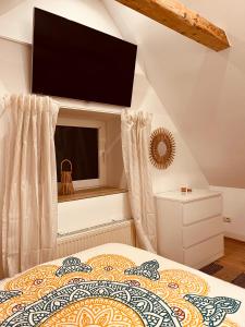 多鲁姆纽菲尔德Deich Winde 9.2的一间卧室设有一张带平面电视的床。