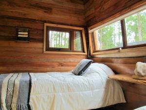 奥克泰港Los Lingues Lodge的小木屋内的一张床位,设有两个窗户