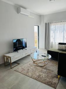 哈博罗内Zanaya Apartments的客厅配有电视和茶几