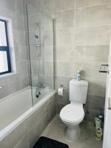哈博罗内Zanaya Apartments的一间带卫生间和玻璃淋浴间的浴室