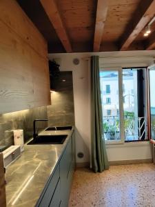 特雷维索圣莱昂纳多拉蒂娜套房公寓的厨房设有水槽和窗户。
