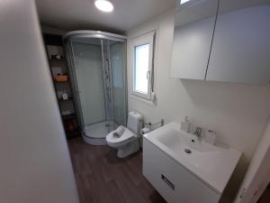 科巴里德Chalet and Apartment Žonir with SAUNA的带淋浴、卫生间和盥洗盆的浴室