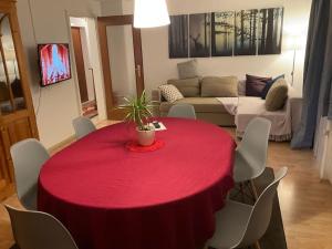 伦茨基希Ferienwohnung zur Alten Schmiede的客厅里设有一张红色的桌子和椅子