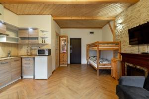 卡尔帕奇Apartamenty SZUMiWODA的一间厨房和一间带双层床的客厅