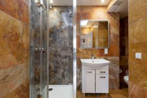 卡尔帕奇Apartamenty SZUMiWODA的带淋浴、盥洗盆和镜子的浴室