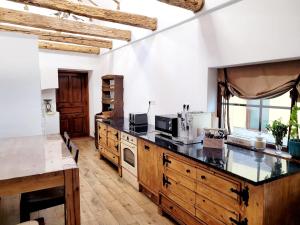 波卢巴库苏斯Joyard - Pensiune & Parc的厨房配有木制橱柜和台面