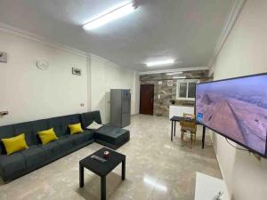 开罗New Cairo Luxury Apartment in luxury villa basement的带沙发和大屏幕平面电视的客厅