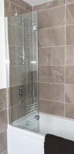 多诺赫Luxurious First Floor Flat的浴室里设有玻璃门淋浴