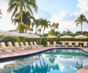 棕榈滩克罗尼酒店的一个带椅子和遮阳伞的游泳池以及棕榈树