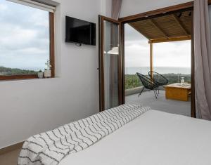 AngónHilltop Resort at Kefalonia的一间卧室设有一张床,阳台配有电视。
