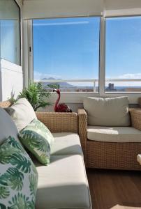 埃尔卡沃德加塔Ático Los Flamingos. Exclusive terrace with views的一间设有两张沙发的房间,阳台上有一只红鸟