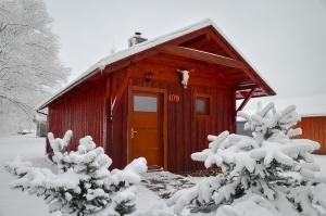 利普托斯基米库拉斯Holiday home at Aquapark Tatralandia的前面有雪覆盖的树木的红色小屋