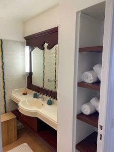 圣吕斯Studio Tropical avec vue mer dans une résidence hôtelière的浴室配有盥洗盆、镜子和毛巾
