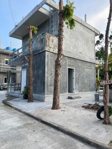 涛岛Koh Tao Little House的前面有三棵棕榈树的建筑