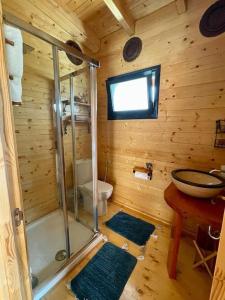 梅松吉The lodge的带淋浴、卫生间和盥洗盆的浴室