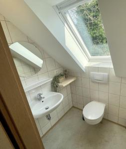 阿恩多夫ferienhofEICHENBERG的浴室配有水槽和带天窗的卫生间。