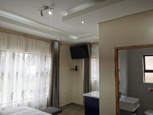 LusikisikiKwaNomzi Botique Lodge的一间卧室配有床、水槽和窗户