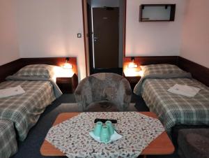 贝谢诺瓦Penzion Agrothermal的酒店客房中间设有两张床和一张桌子。
