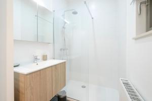 布鲁塞尔Appartement design 3 chambres proximité Grand-Place Bruxelles的一间带水槽和淋浴的浴室