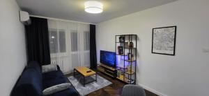 弗罗茨瓦夫Siódme Niebo的客厅配有蓝色的沙发和电视