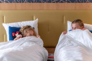 马尼库尔勒翁格尔Dream Castle Hotel Marne La Vallee的两名儿童躺在床罩下