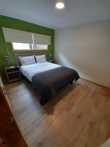 蒙特港APART HOTEL SUVERAL的一间卧室设有一张床和绿色的墙壁